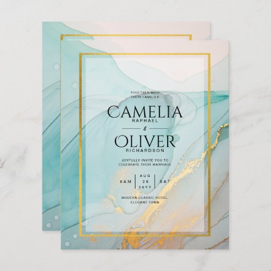 LeahG Zee Glass Blauwgroen Gold INK Wedding INVITE (Voorkant / Achterkant)