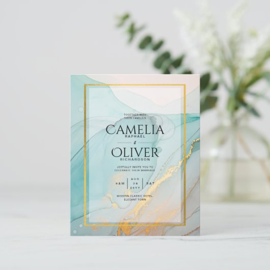 LeahG Zee Glass Blauwgroen Gold INK Wedding INVITE (Staand voorkant)