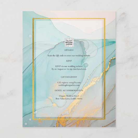 LeahG Zee Glass Blauwgroen Gold INK Wedding INVITE (Achterkant)