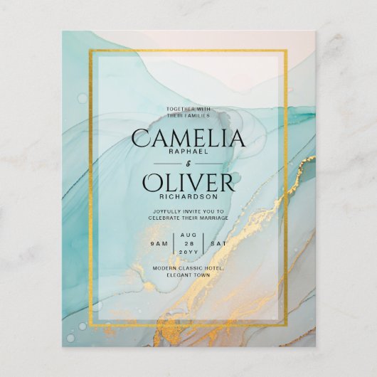 LeahG Zee Glass Blauwgroen Gold INK Wedding INVITE (Voorkant)