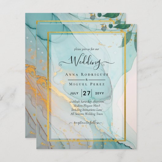 LeahG Zee Glass Blauwgroen Gold INK Wedding INVITE (Voorkant / Achterkant)