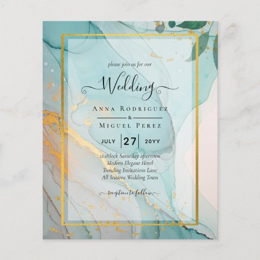 LeahG Zee Glass Blauwgroen Gold INK Wedding INVITE (Voorkant)