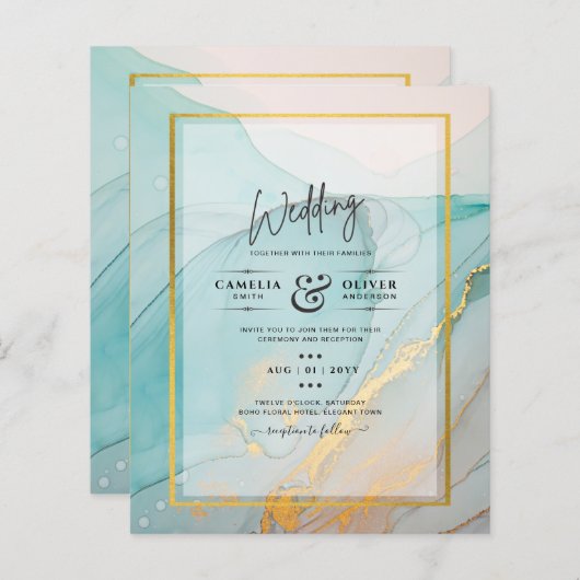 LeahG Zee Glass Blauwgroen Gold INK Wedding INVITE (Voorkant / Achterkant)