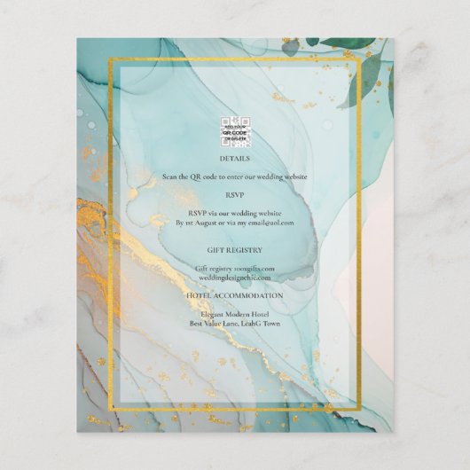 LeahG Zee Glass Blauwgroen Gold INK Wedding INVITE Flyer (Achterkant)