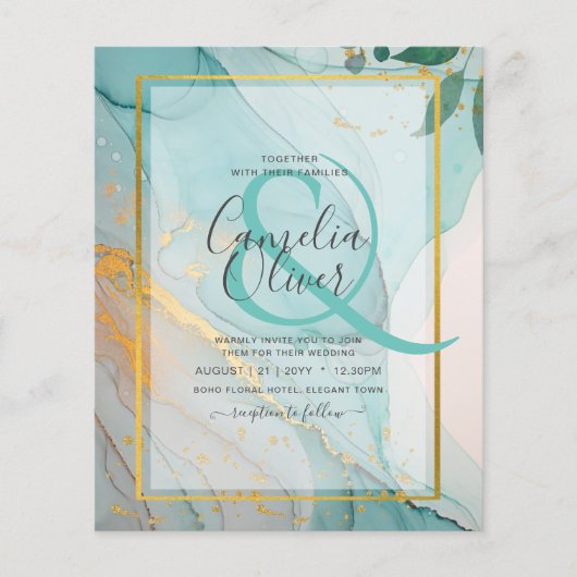LeahG Zee Glass Blauwgroen Gold INK Wedding INVITE Flyer (Voorkant)