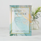 LeahG Zee Glass Blauwgroen Gold INK Wedding INVITE Kaart (Staand voorkant)