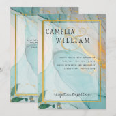 LeahG Zee Glass Blauwgroen Gold INK Wedding INVITE Kaart (Voorkant / Achterkant)