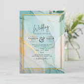 LeahG Zee Glass Blauwgroen Gold INK Wedding INVITE Kaart (Staand voorkant)