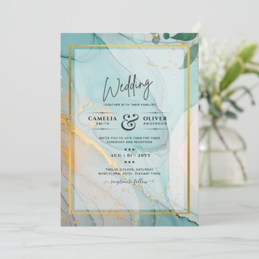 LeahG Zee Glass Blauwgroen Gold INK Wedding INVITE Kaart (Staand voorkant)