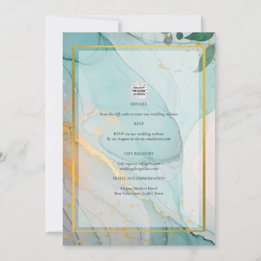 LeahG Zee Glass Blauwgroen Gold INK Wedding INVITE Kaart (Achterkant)