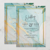 LeahG Zee Glass Blauwgroen Gold INK Wedding INVITE Kaart (Voorkant / Achterkant)