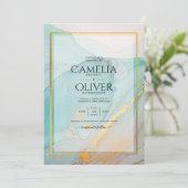 LeahG Zee Glass Blauwgroen Gold INK Wedding INVITE Kaart (Staand voorkant)