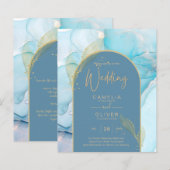 LeahG Zee Glass Gold Ink Aqua Blue Wedding INVITE (Voorkant / Achterkant)
