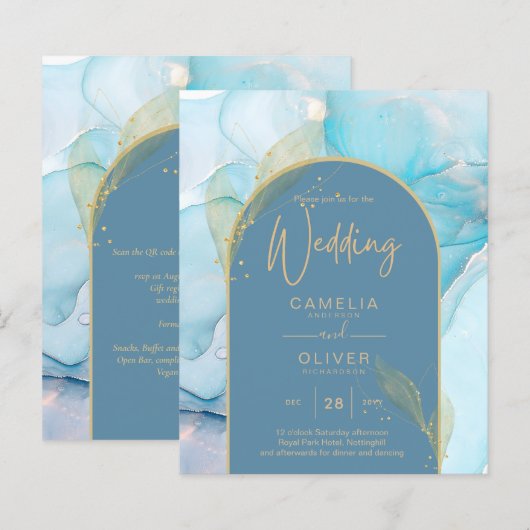 LeahG Zee Glass Gold Ink Aqua Blue Wedding INVITE (Voorkant / Achterkant)
