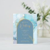 LeahG Zee Glass Gold Ink Aqua Blue Wedding INVITE (Staand voorkant)