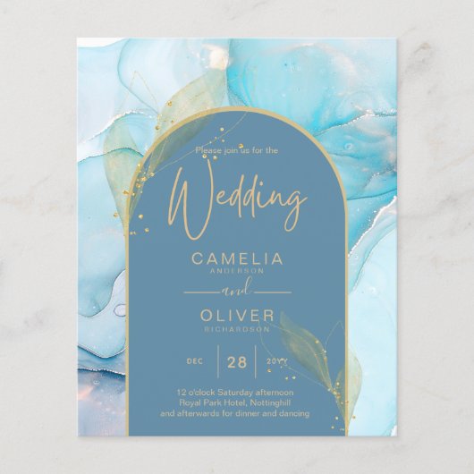 LeahG Zee Glass Gold Ink Aqua Blue Wedding INVITE (Voorkant)