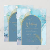 LeahG Zee Glass Gold Ink Aqua Blue Wedding INVITE (Voorkant / Achterkant)