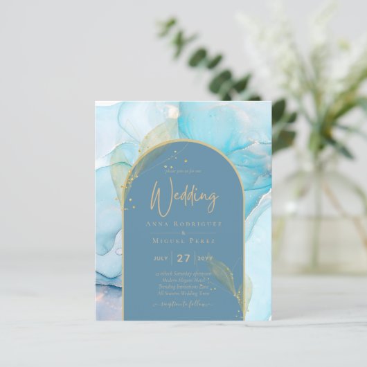 LeahG Zee Glass Gold Ink Aqua Blue Wedding INVITE (Staand voorkant)