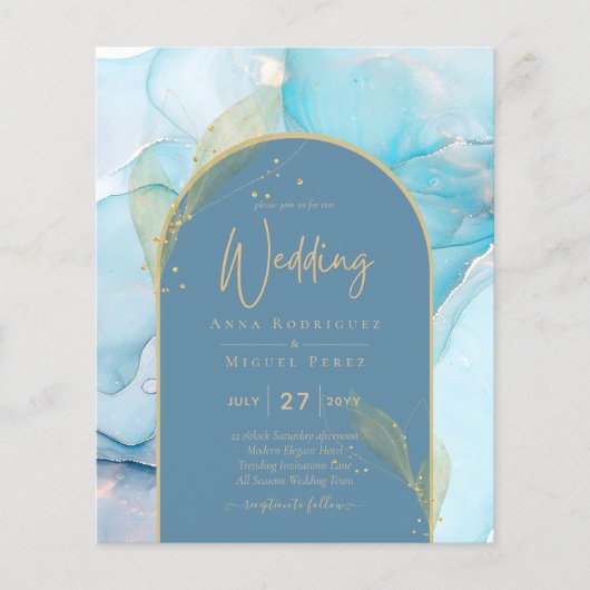 LeahG Zee Glass Gold Ink Aqua Blue Wedding INVITE (Voorkant)
