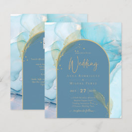LeahG Zee Glass Gold Ink Aqua Blue Wedding INVITE