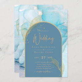 LeahG Zee Glass Gold Ink Aqua Blue Wedding INVITE Kaart