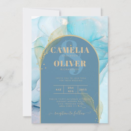 LeahG Zee Glass Gold Ink Aqua Blue Wedding INVITE Kaart (Voorkant)