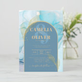 LeahG Zee Glass Gold Ink Aqua Blue Wedding INVITE Kaart (Staand voorkant)