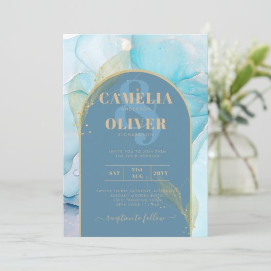 LeahG Zee Glass Gold Ink Aqua Blue Wedding INVITE Kaart (Staand voorkant)