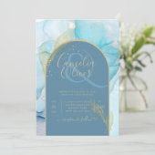 LeahG Zee Glass Gold Ink Aqua Blue Wedding INVITE Kaart (Staand voorkant)