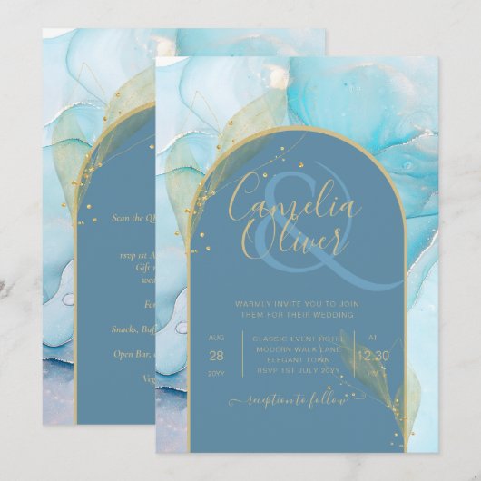 LeahG Zee Glass Gold Ink Aqua Blue Wedding INVITE Kaart (Voorkant / Achterkant)