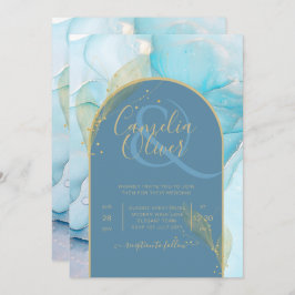 LeahG Zee Glass Gold Ink Aqua Blue Wedding INVITE Kaart