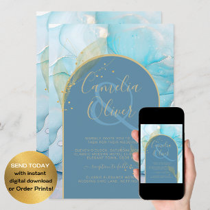 LeahG Zee Glass Gold Ink Aqua Blue Wedding INVITE Kaart