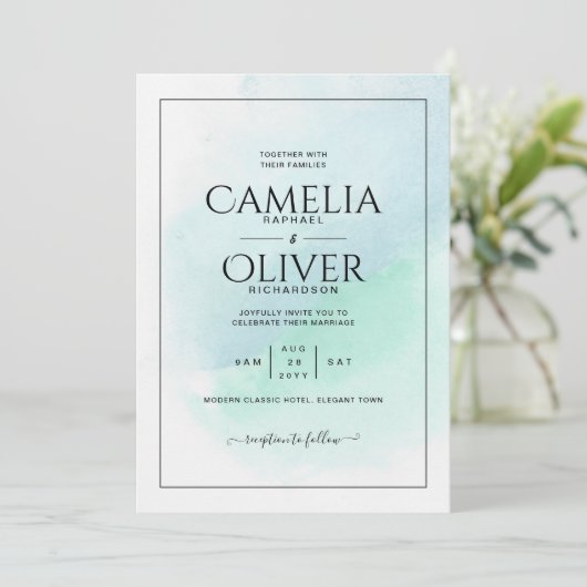 LeahG Zee Glass Turquoise Blauwgroen Blue Wedding  Kaart (Staand voorkant)