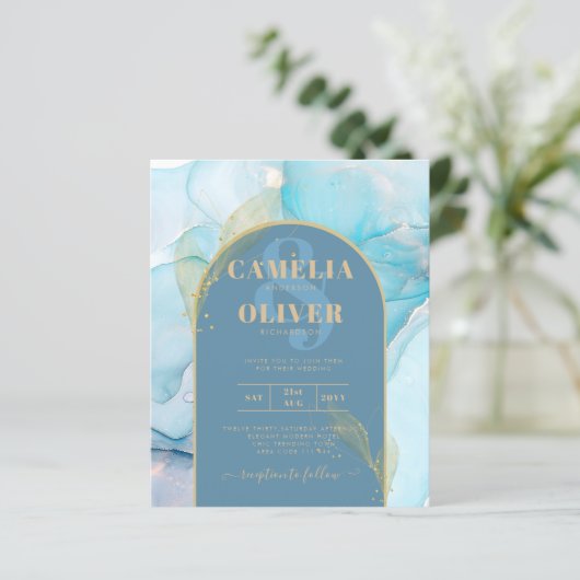 LeahG Zeeglas Goud Inkt Aqua Blauw Trouw UITNODIGI (Staand voorkant)