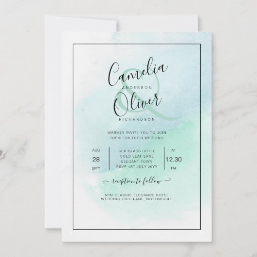 LeahG Zeeglas Turquoise Teal Blauwe Trouw UITNODIG Kaart (Voorkant)