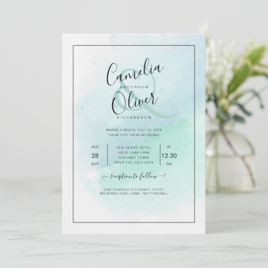 LeahG Zeeglas Turquoise Teal Blauwe Trouw UITNODIG Kaart (Staand voorkant)