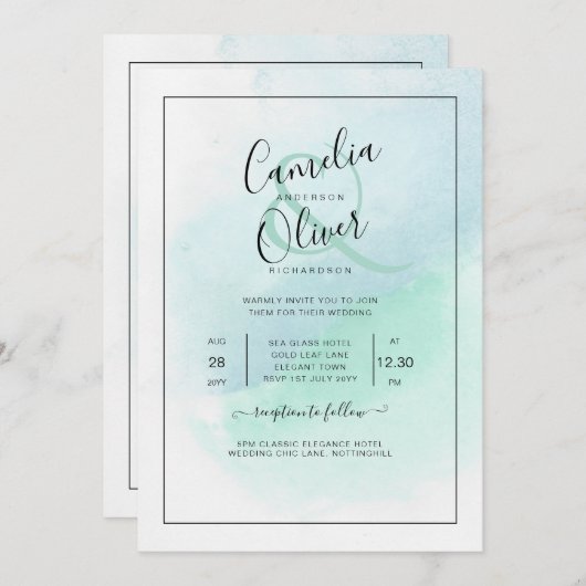 LeahG Zeeglas Turquoise Teal Blauwe Trouw UITNODIG Kaart (Voorkant / Achterkant)