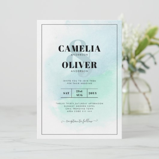 LeahG Zeeglas Turquoise Teal Blauwe Trouw UITNODIG Kaart (Staand voorkant)