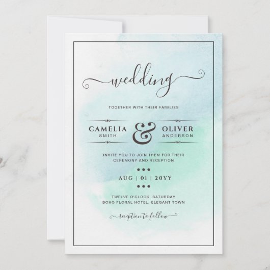 LeahG Zeeglas Turquoise Teal Blauwe Trouw UITNODIG Kaart (Voorkant)