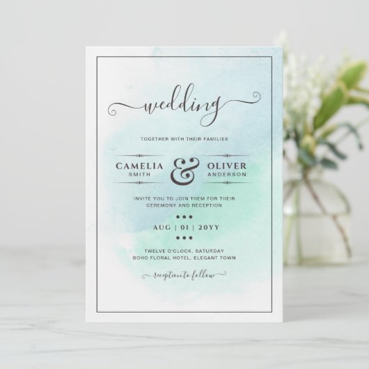 LeahG Zeeglas Turquoise Teal Blauwe Trouw UITNODIG Kaart (Staand voorkant)