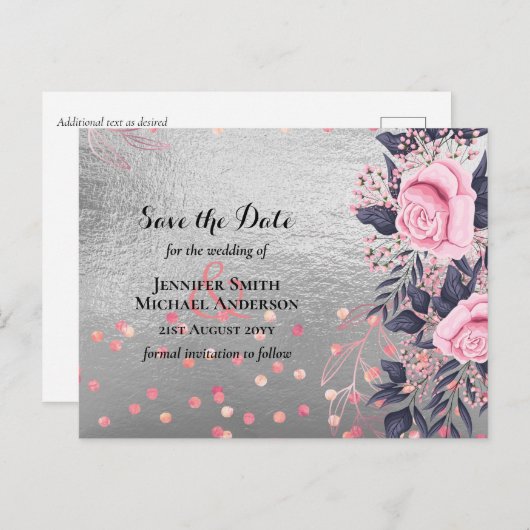 LeahG Zilver Navy Roze Goud Roze Bloemige Trouw Briefkaart (Voorkant / Achterkant)