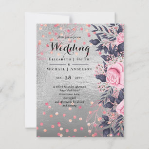 LeahG zilverkleurige Navy roze bloemen bruid