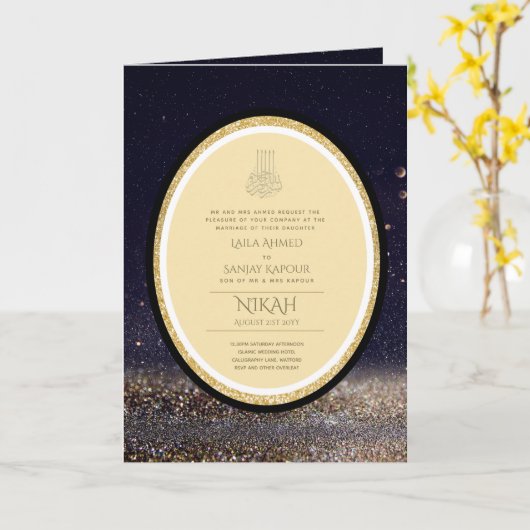 LeahG Zwart Goud Islamitisch Moslim Bruiloft Uitno Kaart (Gele Bloem)