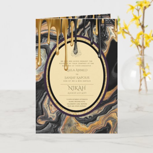 LeahG Zwart Goud Islamitisch Moslim Bruiloft Uitno Kaart (Gele Bloem)