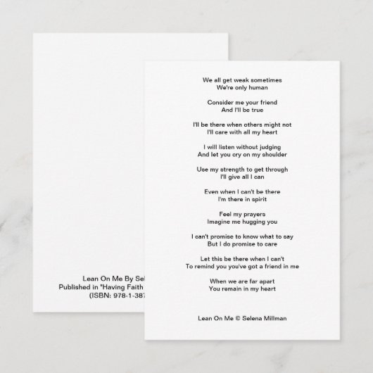 "Lean On Me" gedicht Informatiekaartje (Voorkant / Achterkant)