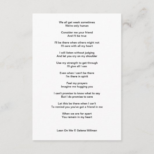 "Lean On Me" gedicht Informatiekaartje (Voorkant)