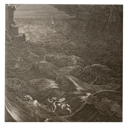 Leander zwemt over de Hellespont om zijn vuist te  Tegeltje (Voorkant)