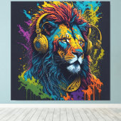 leão colorido com fones de ouvido canvas afdruk (Insitu (Houten vloer))