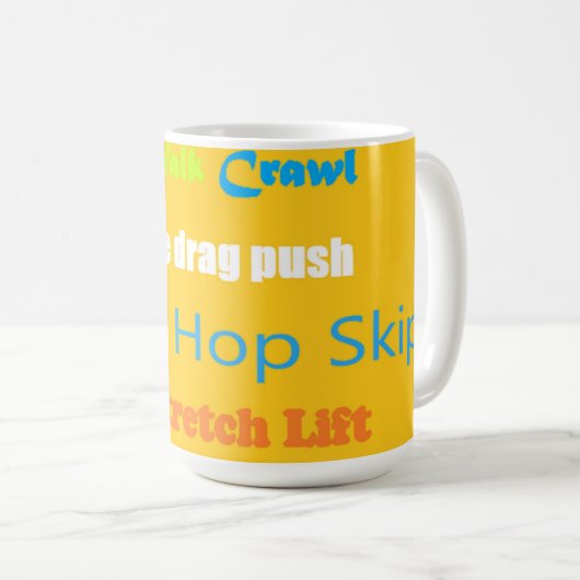 Leap Hop Skip Lean Text design gemengde kleuren Koffiemok (Voorkant rechts)