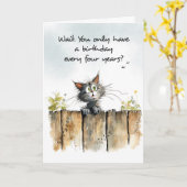 Leap Jaar Verjaardag Februari 29 Funny Cat on Fenc Kaart (Gele Bloem)